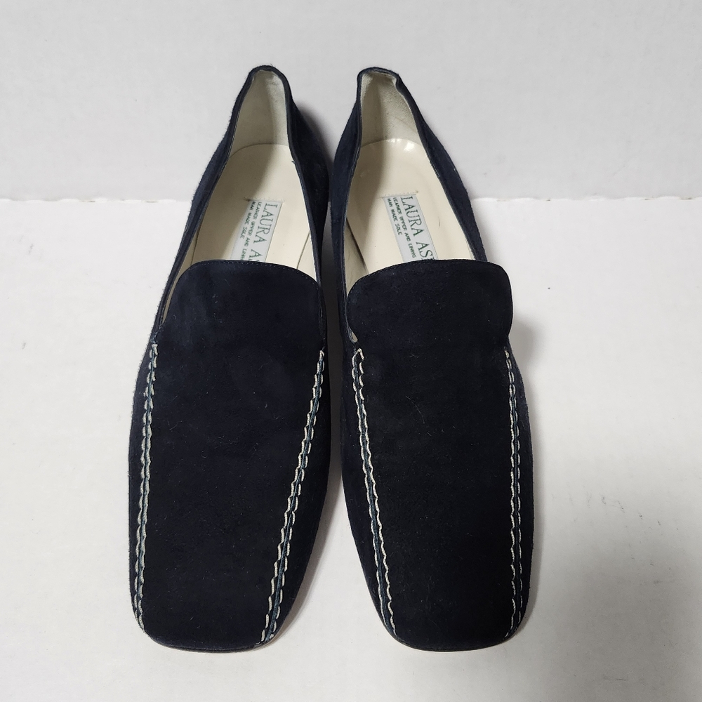 Vintage Laura Ashley Leather Blue Suede Loafers Heels Shoes 37 7 - Picture 4 of 8